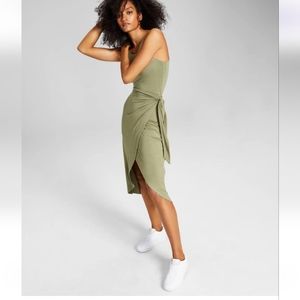 AND NOW THIS Side Tie Knit Midi Dress Olive Green Women's L NWT